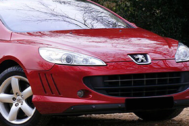 Red Peugeot 407 parked sideways on untarred road, with trees in background.