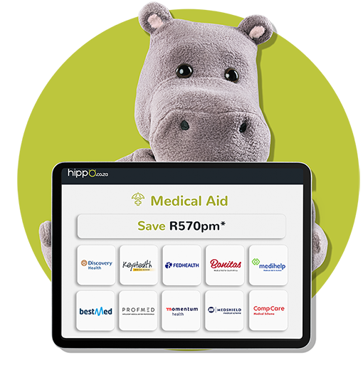 Hippo holding phone, Save R570 on medical aid