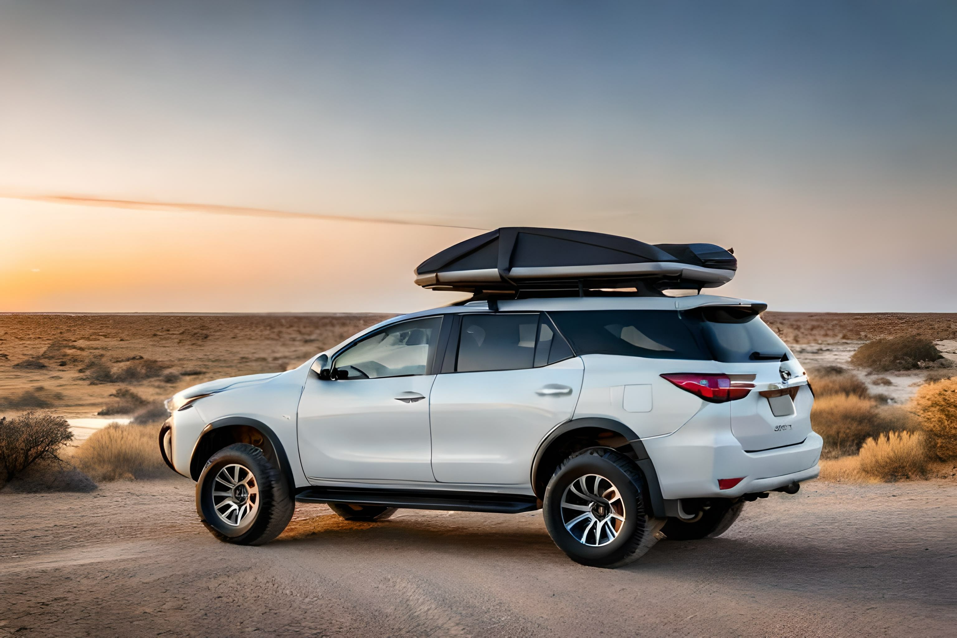 White toyota fortuner with roof carrier