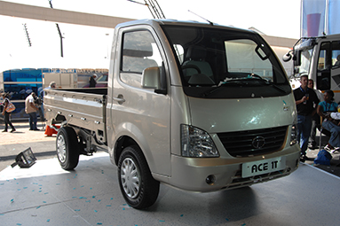 Front side view of a white Tata Ace.