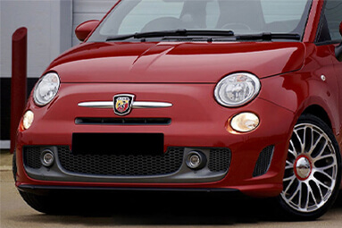 Front view of red Fiat Abarth on display