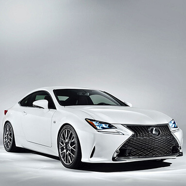 Front side view of the 2-door white Lexus LC 500.