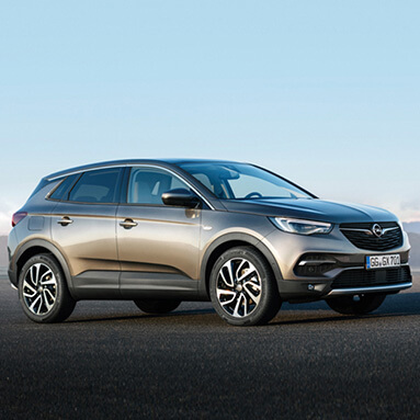 Grey Opel parked outside with mountains in background