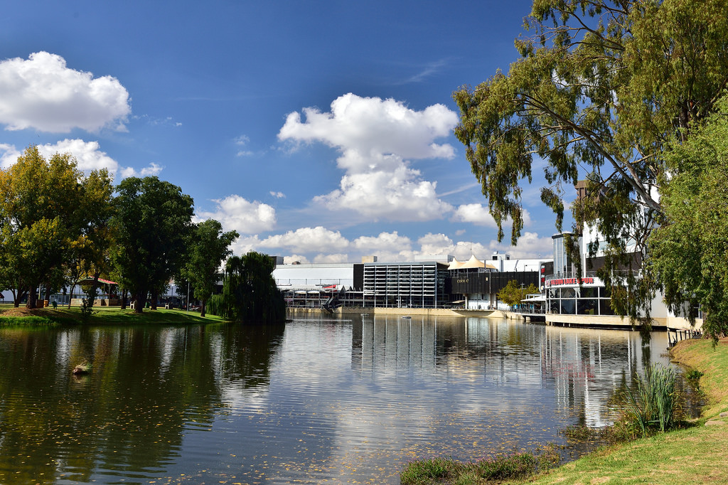 Beautiful lake with buildings in background, trees and grass and ducks inside.