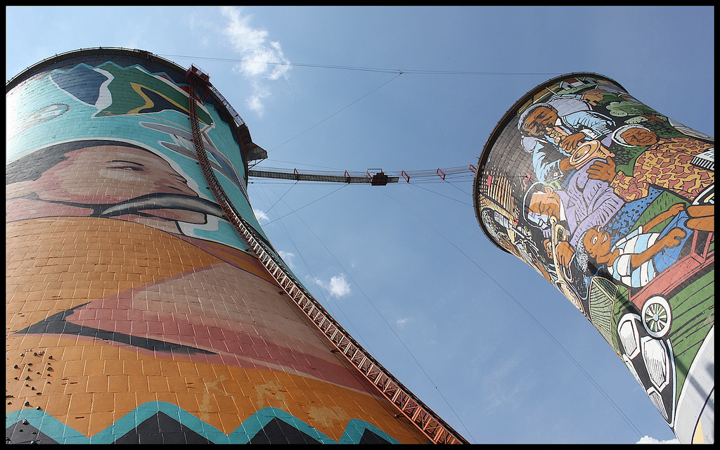 Ground image of Soweto towers in Johannesburg with ladder, bridge and blue skies.