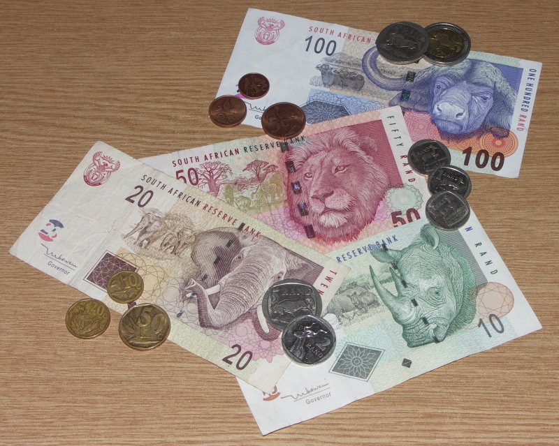 South African currency – rands and cents in notes and coins