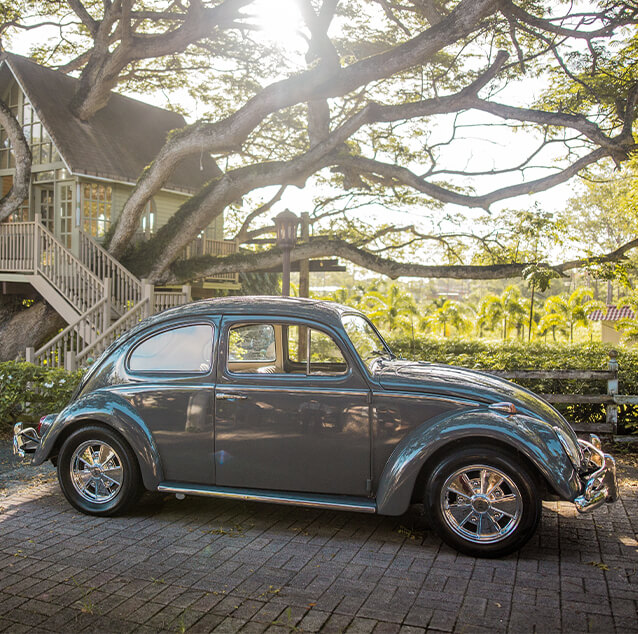 Side view of a Volkswagen Beetle with a house and trees in the background.