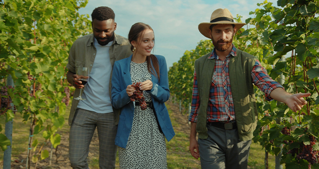 A man and woman on a wine farm tour with a guide