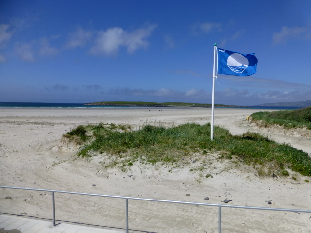 A Blue Flag planted in beach sand 