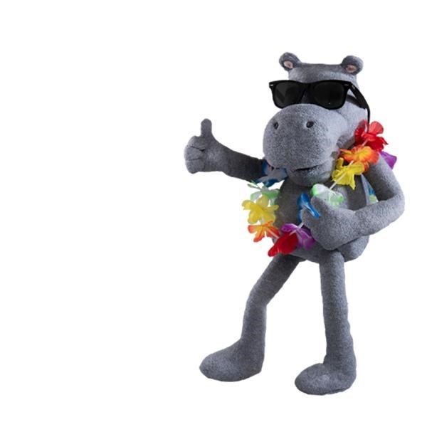 Grey hippo mascot, giving a thumbs up, while wearing sunglasses and lei hawaiian necklace.