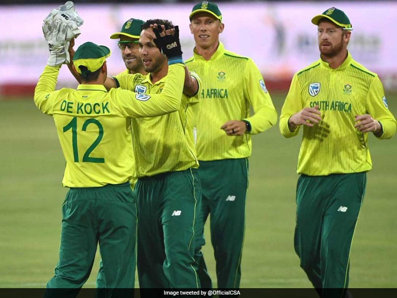 South African cricket team players celebrating a victory.
