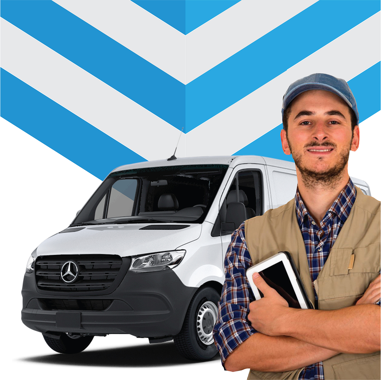 Man with clipboard in hand standing in front of 3 delivery vehicles