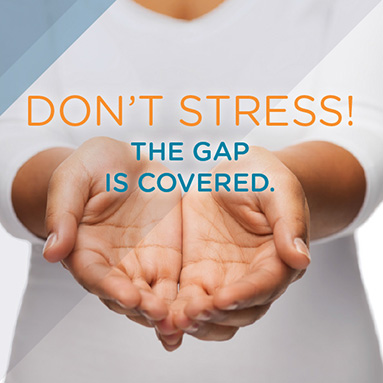 Open hands with "Don't stress! The gap is covered." written over the hands | Product offering | Hippo.co.za partner 