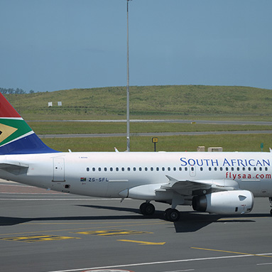 Sideview of the South African Airways plane at King Shaka International Airport, Durban.