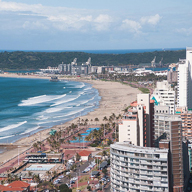 Skyscrapers in Durban overlooking the Indian Ocean.