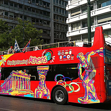 Red tour bus in Greece.