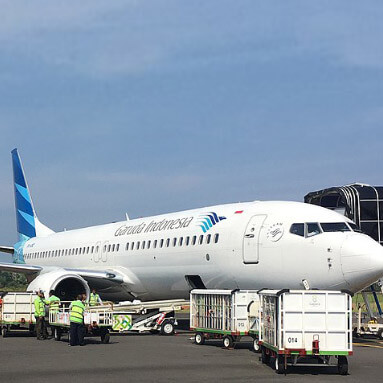 Luggage porters outside the Garuda Indonesia plane