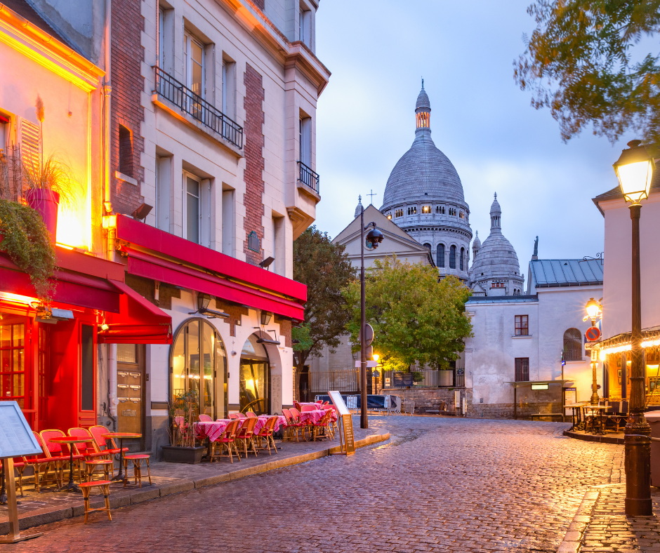World map with a red pin on Paris.