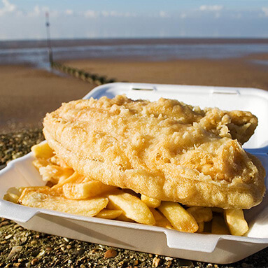 Deep fried fish and chips on the seafront. 