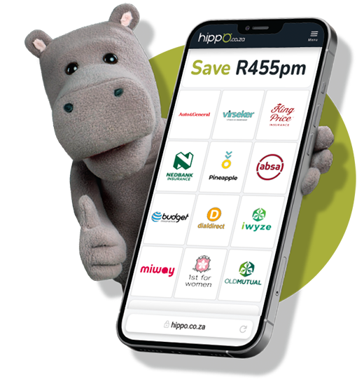 Save R455 on car insurance with Hippo Hippo holding phone, Save 'R455 on car insurance'