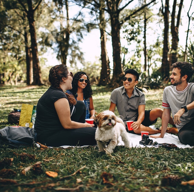 Friends sitting in a park smiling and chatting with a dog in the middle.