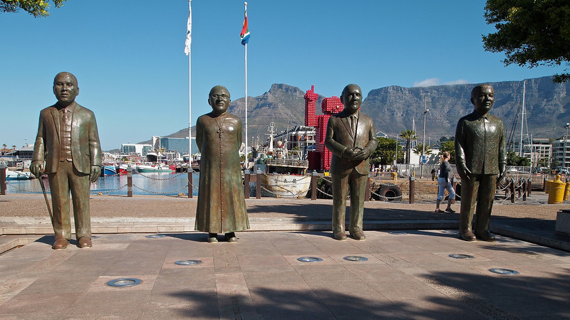 Statues of Albert Lithuli, Desmond Tutu, FW de Klerk and Nelson Mandela at Nobel Square, V&A Waterfront.