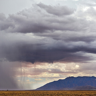 A striking image of grey Namibian skies covering dry desert shrubs, with a mountain on the side. 